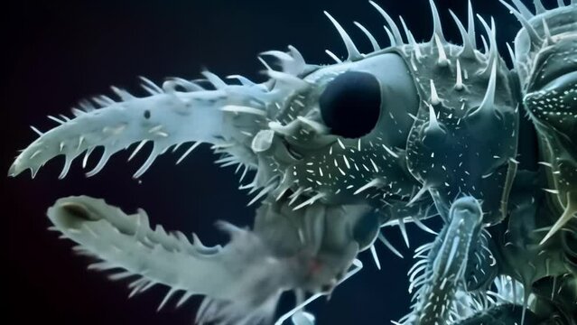 A scanning electron microscope image of a beetles mouthparts highlighting the sharp serrated mandibles and long slim labrum used for . AI generation.