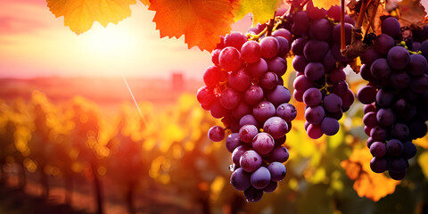 Ripe grapes in vineyard at sunset agriculture harvest farming on a sunlight background
 - obrazy, fototapety, plakaty