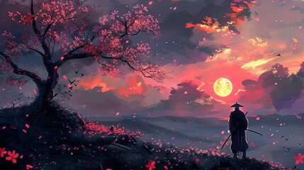 silhouette of a samurai watching the sunset under a cherry blossom tree that is blooming on the edge of the lake	 - obrazy, fototapety, plakaty