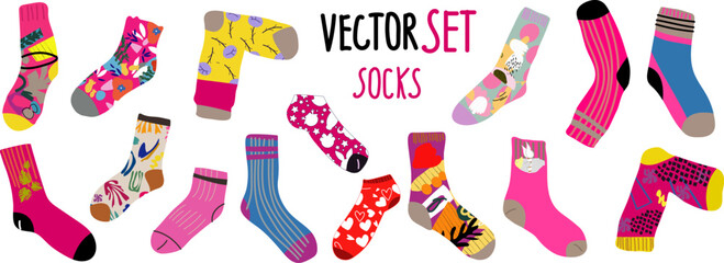 Big vector set. Stylish cotton and woolen socks with different textures. Flat cartoon vector illustration. Transparent background