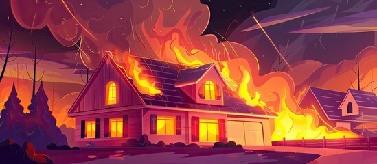 A residence engulfed in flames, emitting thick smoke from every window and door, illustrating a dangerous fire hazard - obrazy, fototapety, plakaty