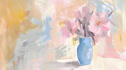 Artistic painting of flowers in blue vase on table - obrazy, fototapety, plakaty