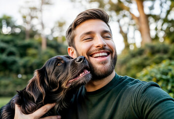 Man and Dog Selfie Fun - obrazy, fototapety, plakaty