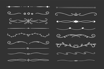Chalk divider thin line classic geometric deco border separator collection isolated on dark chalkboard background. Florish arnament, embelish.