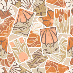 Vector seamless pattern with abstract vintage flowers, leaves and branches post stamp isolated on light background. Floral illustration template for textile print, card, poster, invitation
