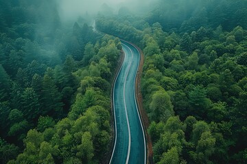 Aerial view of a winding asphalt road in an evergreen tropical forest. A road less traveled, snaking amidst emerald canopies, a scenic escape.