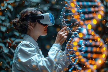 Woman wearing an AR headset interacting with a holographic DNA structure. With each touch, the scientist reshapes the holographic DNA, forging new possibilities. - obrazy, fototapety, plakaty
