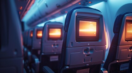 Inflight entertainment screen with sunset - obrazy, fototapety, plakaty