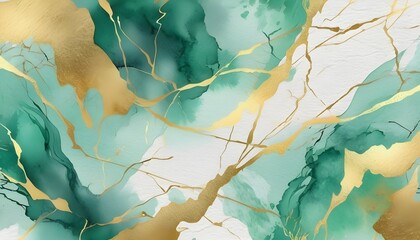 Green and Gold Watercolor Brushed Background with Cracked Marble Texture. AI Generated 