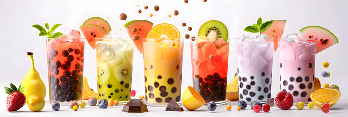 Set of Bubble milk tea drink design, Boba milk tea, taiwanese asian menu, Delicious sweet bubble tea cup with straw,Assortment of fruit smoothies on white background 