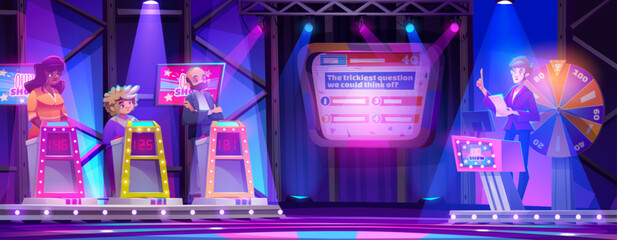Fototapeta premium Tv quiz show. Contest game in studio with stage vector background. Trivia television program interior design. Live event room for media project with woman and man. People guess puzzle entertainment