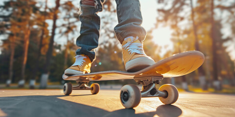 Close-up feet in sneakers of teenager riding skateboard in skatepark. Active skater legs practicing skateboarding. Unrecognizable hipster balancing on board. Hobbies of youth young people concept - Powered by Adobe