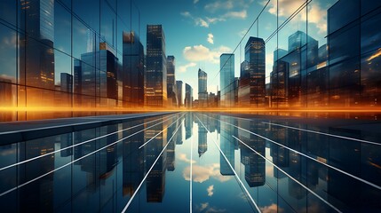 Picture of modern skyscrapers of a smart city, futuristic financial district with buildings and reflections  - obrazy, fototapety, plakaty