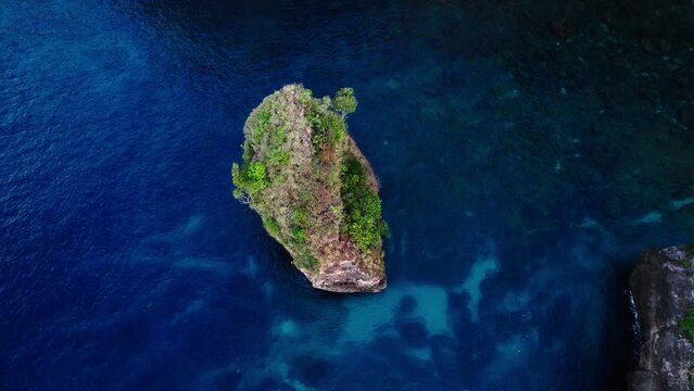 Rock Formation With Vegetation In The Ocean In Nusa Penida, Bali, Indonesia. aerial tilt-down shot