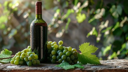 Sunlit wine bottle with green grapes on stone - obrazy, fototapety, plakaty