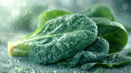 the slice cut off half spinach in water drops close up on background,, - Powered by Adobe