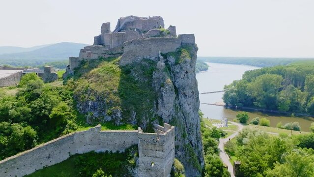 Aerial view of Devin castle (Hrad Devin) near Danube and Morava rivers in Bratislava, Slovakia on beautiful sunny day.