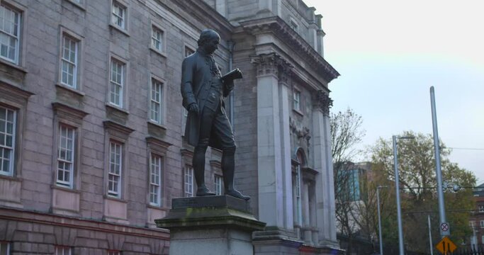 Bronze statue of Edmund Burke in front of Trinity College, Dublin, Ireland.