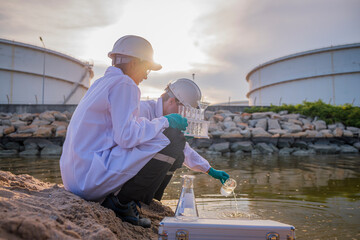 Scientist factory wearing protective uniform and glove under working water analysis and water...