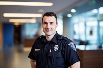 Caucasian male cop demonstrating dedicated smiling officer. Official uniform serves as symbol of honor and source of inspiration reminding people of commitment to serve with protect