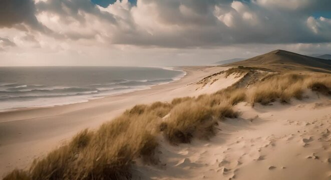 A windswept coastal showcases a sandy beach stretching towards a towering hill in the background, landscape