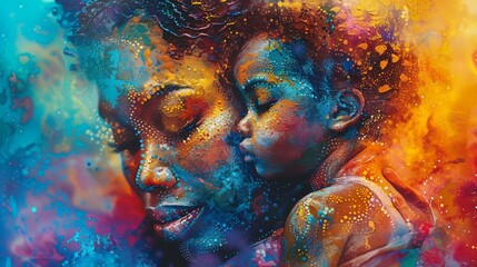 A black mother tenderly holding her child depicted with a palette of warm and nurturing colors in 3D embossed dots - obrazy, fototapety, plakaty