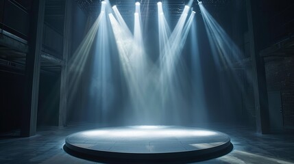 Spotlights beam down on an empty round stage. - obrazy, fototapety, plakaty