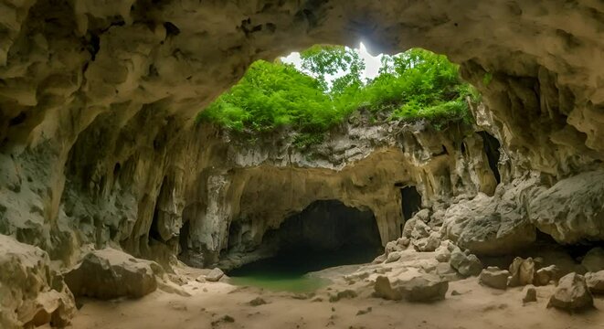 Explore a mystical cave with a small opening in the heart of a lush limestone, landscape