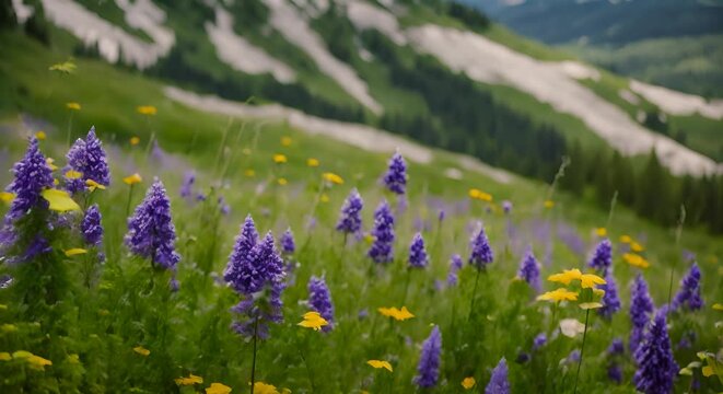 A vast field of vibrant wildflowers dances in the mountain breeze, painting the with hues of purple, yellow, and pink, landscape