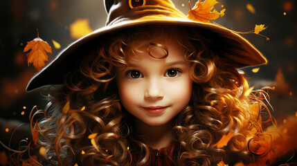 Enchanting Young Witch with Curly Hair Surrounded by Autumn Leaves - obrazy, fototapety, plakaty
