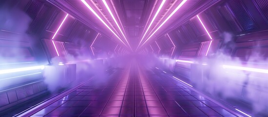 An artful 3D rendering of a futuristic tunnel featuring automotive lighting, neon lights in violet, magenta and electric blue, with symmetrical design and smoke resembling gas clouds