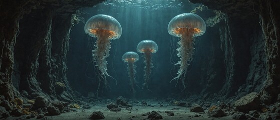 Glowing jellyfish in an underwater dark cave, beautiful dark wallpaper - obrazy, fototapety, plakaty