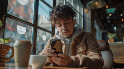 Young Curly-Haired Man Using Smartphone in a Trendy Urban Cafe Corner
