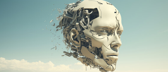 Conceptual Art of a Fragmenting Mechanical Human Head Against a Sky Backdrop