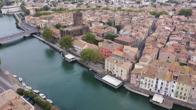 View from drone of houses of Agde, one of oldest towns in France. High quality 4k footage