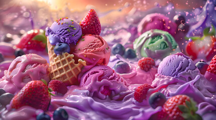 Various flavors of ice cream and berries arranged on the table