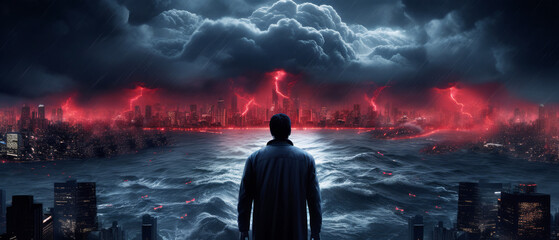 Apocalyptic Vision, Man Facing Catastrophic Storm Over Cityscape. Banner