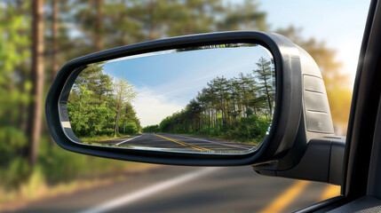 Rear view mirror in a car. Monitoring the road through the car's rear-view mirror. - obrazy, fototapety, plakaty
