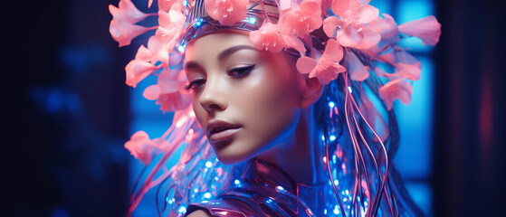 Cybernetic Woman with Futuristic Blue Light Wires and Pink Flowers