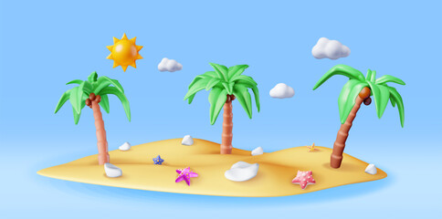 3D Landscape of Palm Tree on Beach. Render Tropical Island with Starfish. Sun with Clouds. Concept of Summer Vacation. Summer Holiday, Time to Travel. Beach Relaxation. Realistic Vector Illustration
