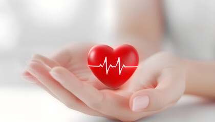 close up of hand holding red heart with cardiogram