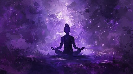 A black woman meditating in a quiet space illustrated with calming purples and blues in 3D embossed dots