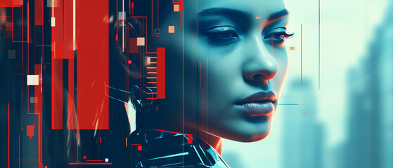 Woman with digital cyborg integration, futuristic concept.