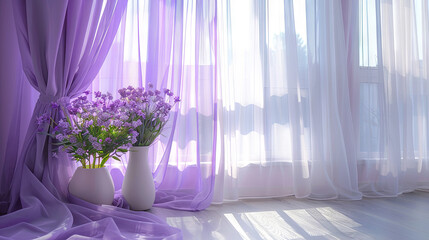 purple window curtains and white tulle on the white wall background