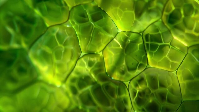 The vibrant green pigment of plant cells visible through a microscope and responsible for capturing sunlight energy. . AI generation.