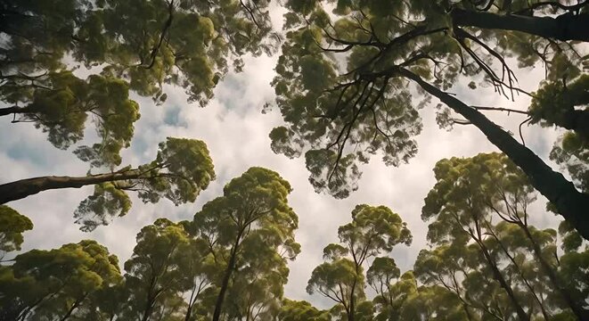 Discover the enchanting beauty of a lush karri forest as the camera captures the breathtaking view from below, landscape