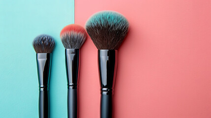 Set of makeup brushes on pink and aqua color, fashion concept, beauty industry - obrazy, fototapety, plakaty