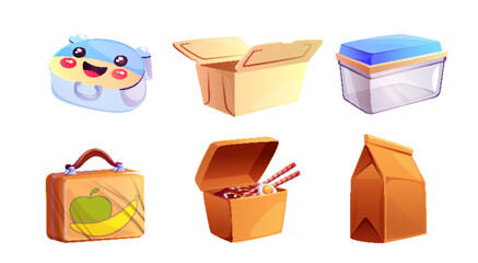 Set of lunchboxes for snacks isolated on white background. Vector cartoon illustration of plastic, glass containers for meal, asian noodles with chopsticks, craft paper bag for restaurant food to-go