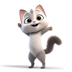 Fototapeta premium Happy White Kitten, 3D Character, Excited Pose