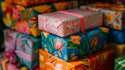 Fototapeta na wymiar A stack of carefully chosen gifts wrapped in vibrant paper, symbolizing love and generosity. 